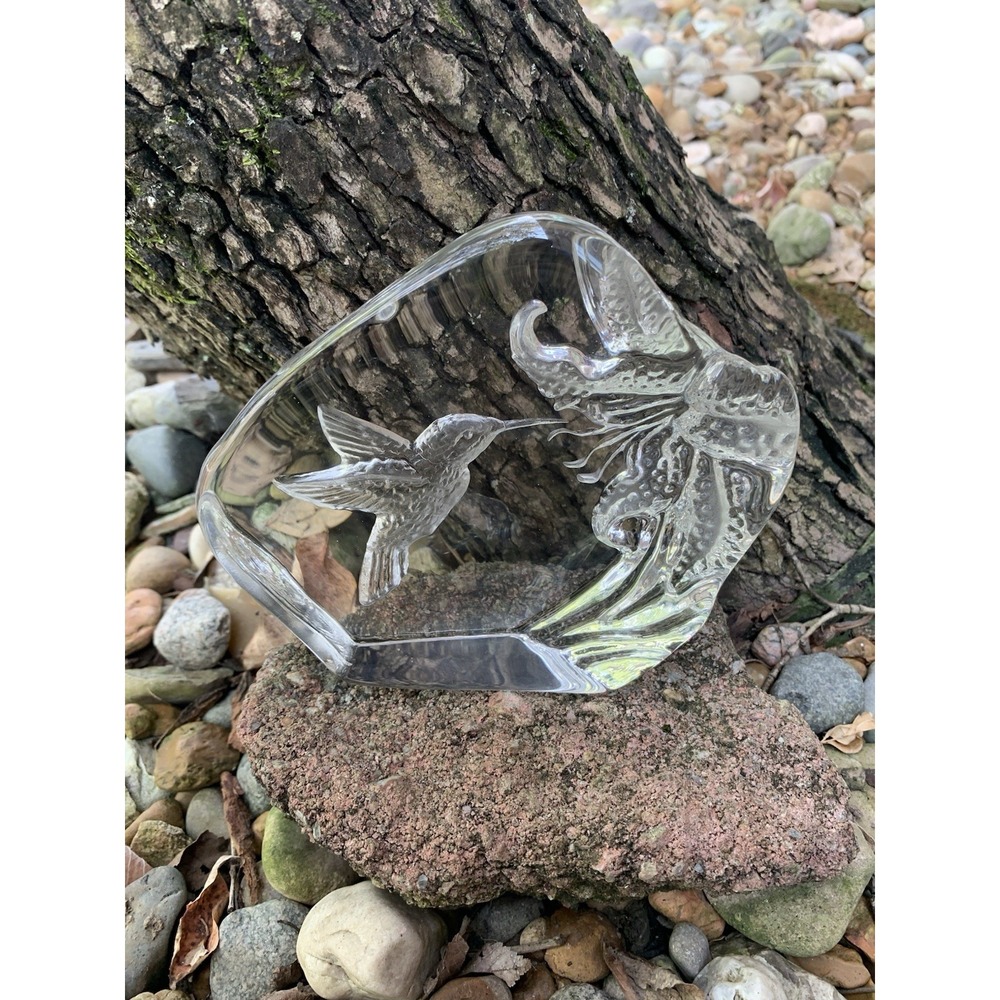 Crystal Style Glass Hummingbird Flower Paperweight Figurine‎ 5"x6